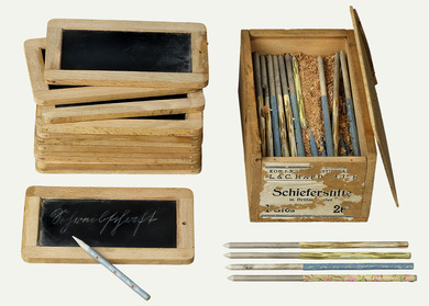 Objects: slates for writing, slate pencil