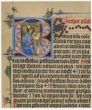 Buchseite: Bildinitial B und Initiale S im Ausschnitt aus dem Psalterium Rudnicense