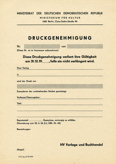 Formularvordruck: Druckgenehmigung, 1985