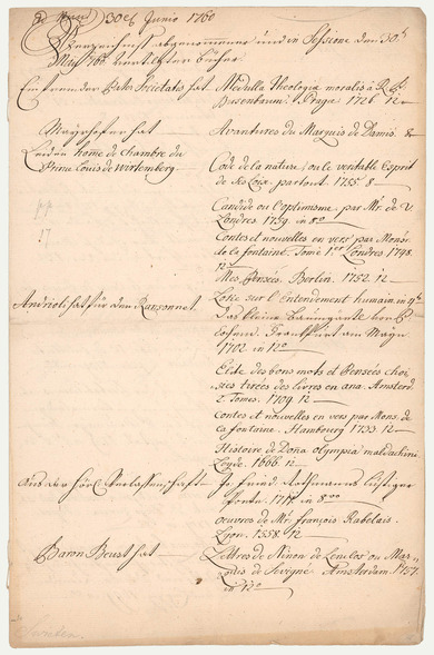 Handwritten censorship list from 1760