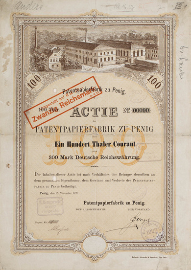 Stock certificate: patent paper factory in Penig